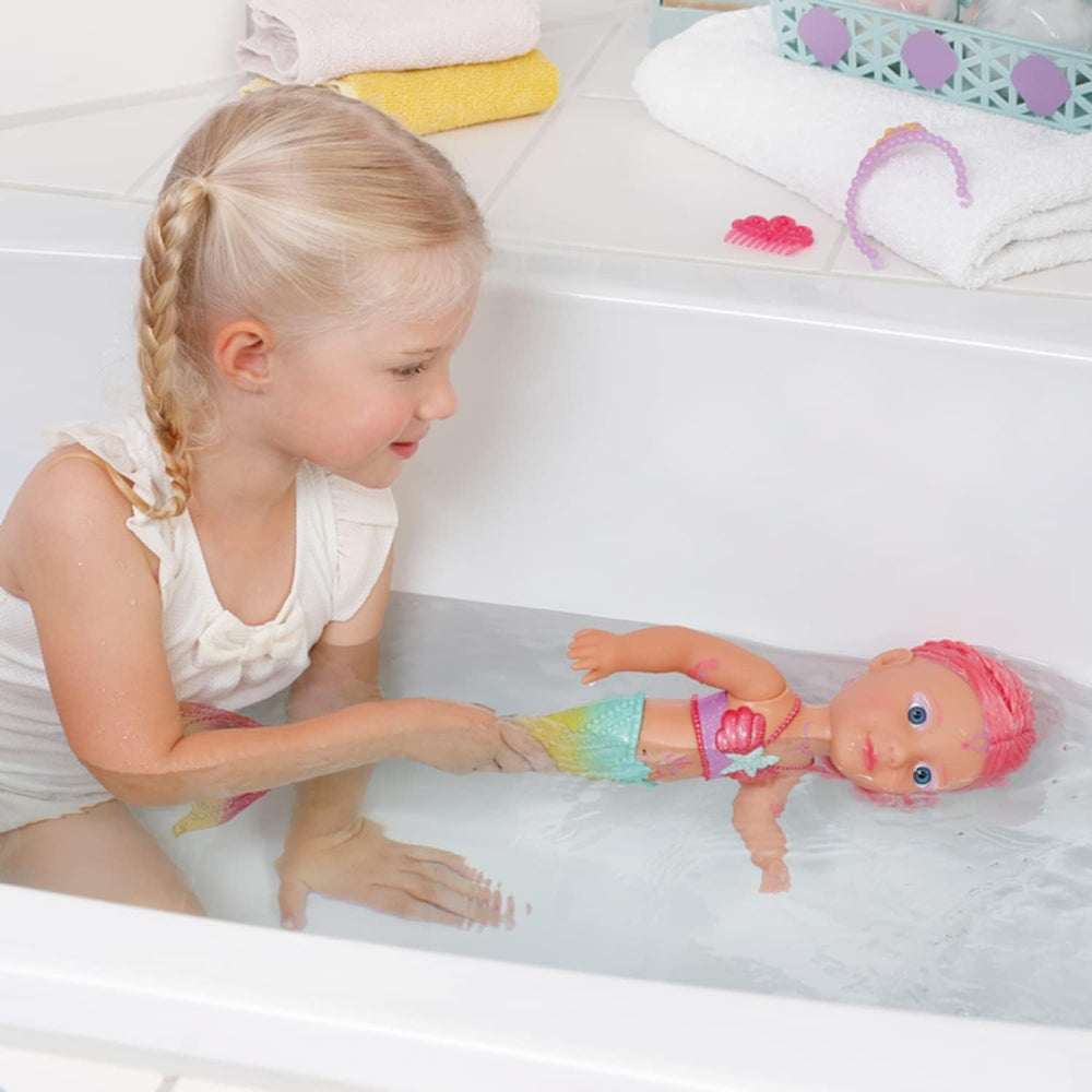 BABY Born Little Sister Mermaid 46 cm, Păpușă sirenă impermeabilă cu păr lung și aripioară mobilă cu sclipici, incl. tiară și pieptene, 833681 Zapf Creation Papusi Naty Shop