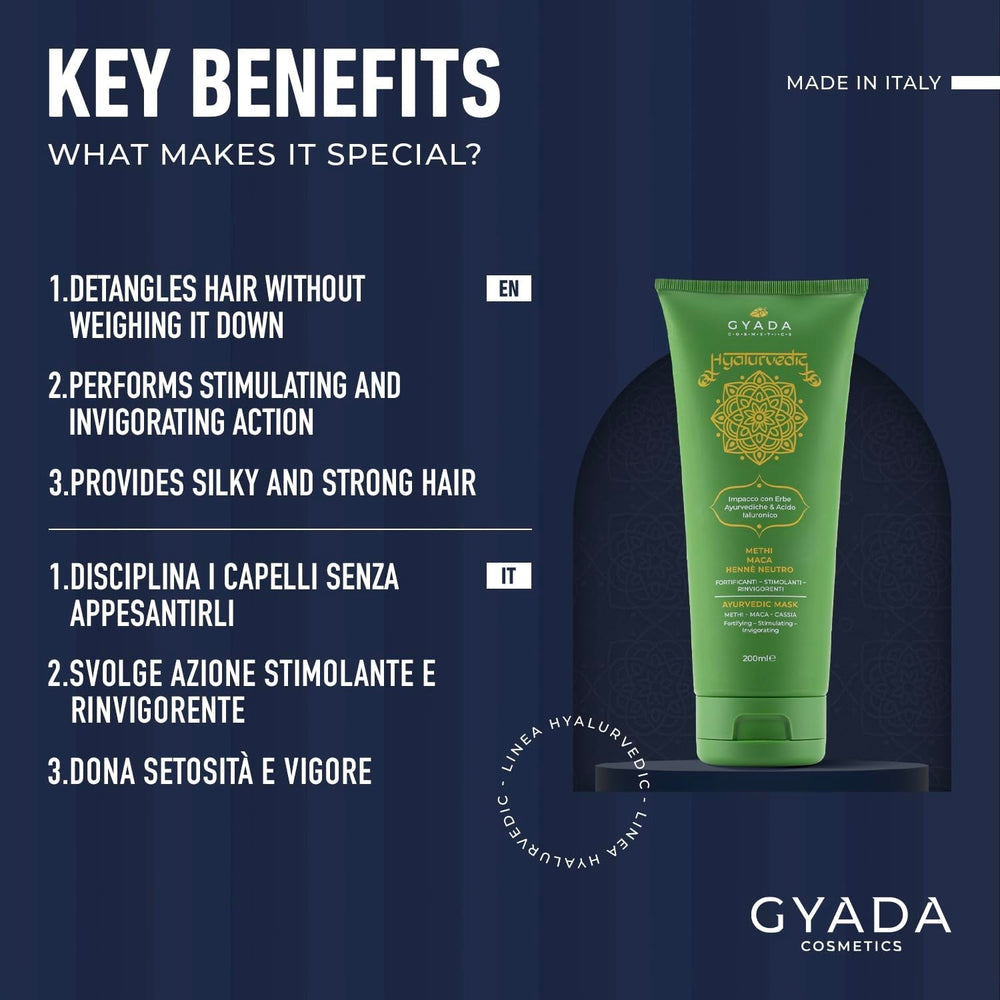 GYADA COSMETICS, compresă ayurvedică de întărire Hyalurvedic, tratament profesional pentru păr fin și slab, combate încrețirea cu methi, maca, henna neutră, 200 ml Masca de par Naty Shop