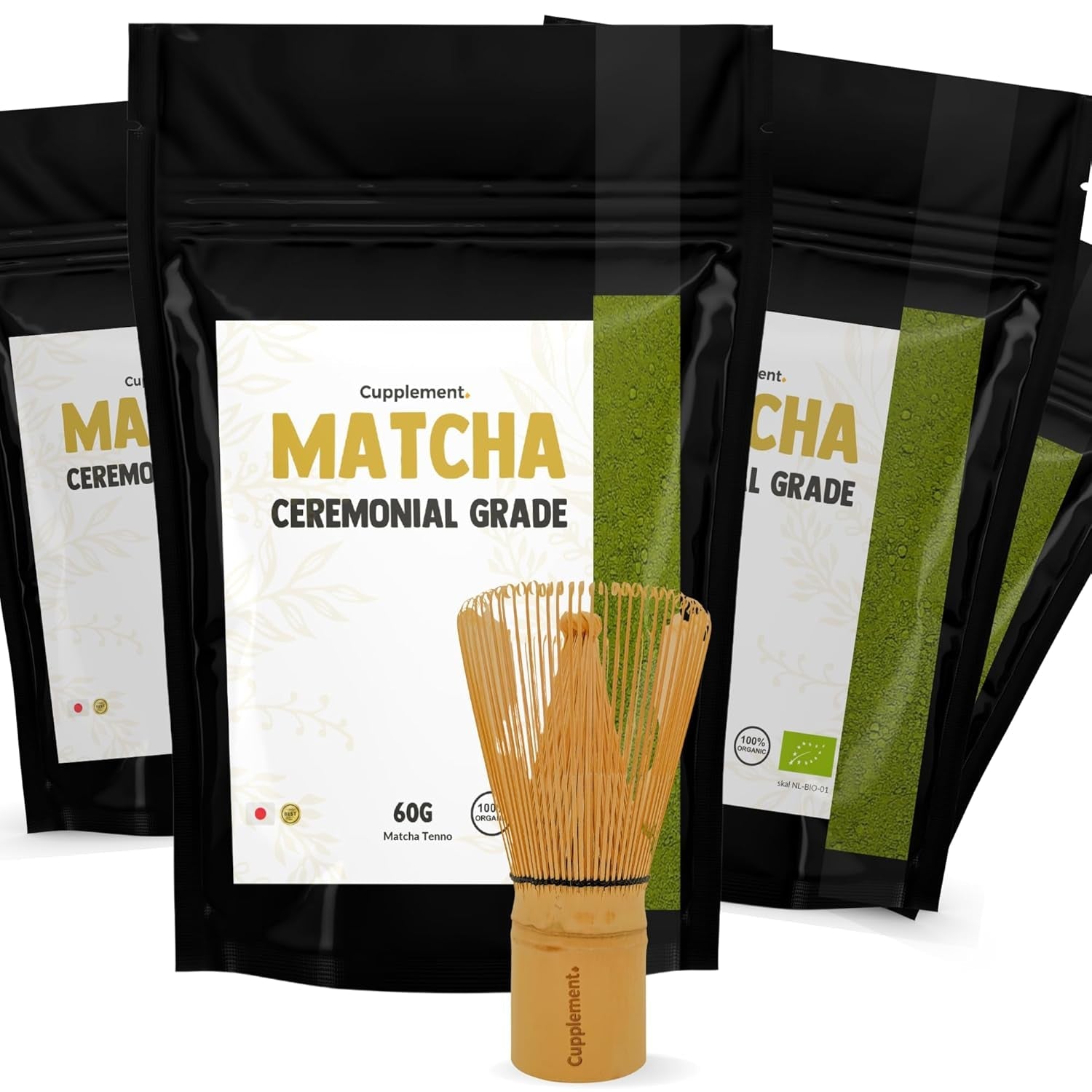 Cupplement Matcha 90 grame bio - Ceai verde pudră de cea mai înaltă calitate - Fără bătător de bambus și tel - Culunary - Set pentru începători - Latte - Bătător - Japonia - Pudră - Ceai - Tel - Pungă - Smoothie