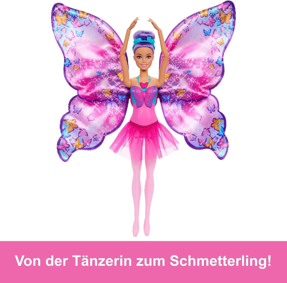 Păpușă Barbie Dansatoare și Fluture cu transformare 2 în 1 din Dansatoare în Fluture cu Aripi care se Deschid, Păr Mov, Accesorii de Păr și Tutu Detașabil, HXJ10