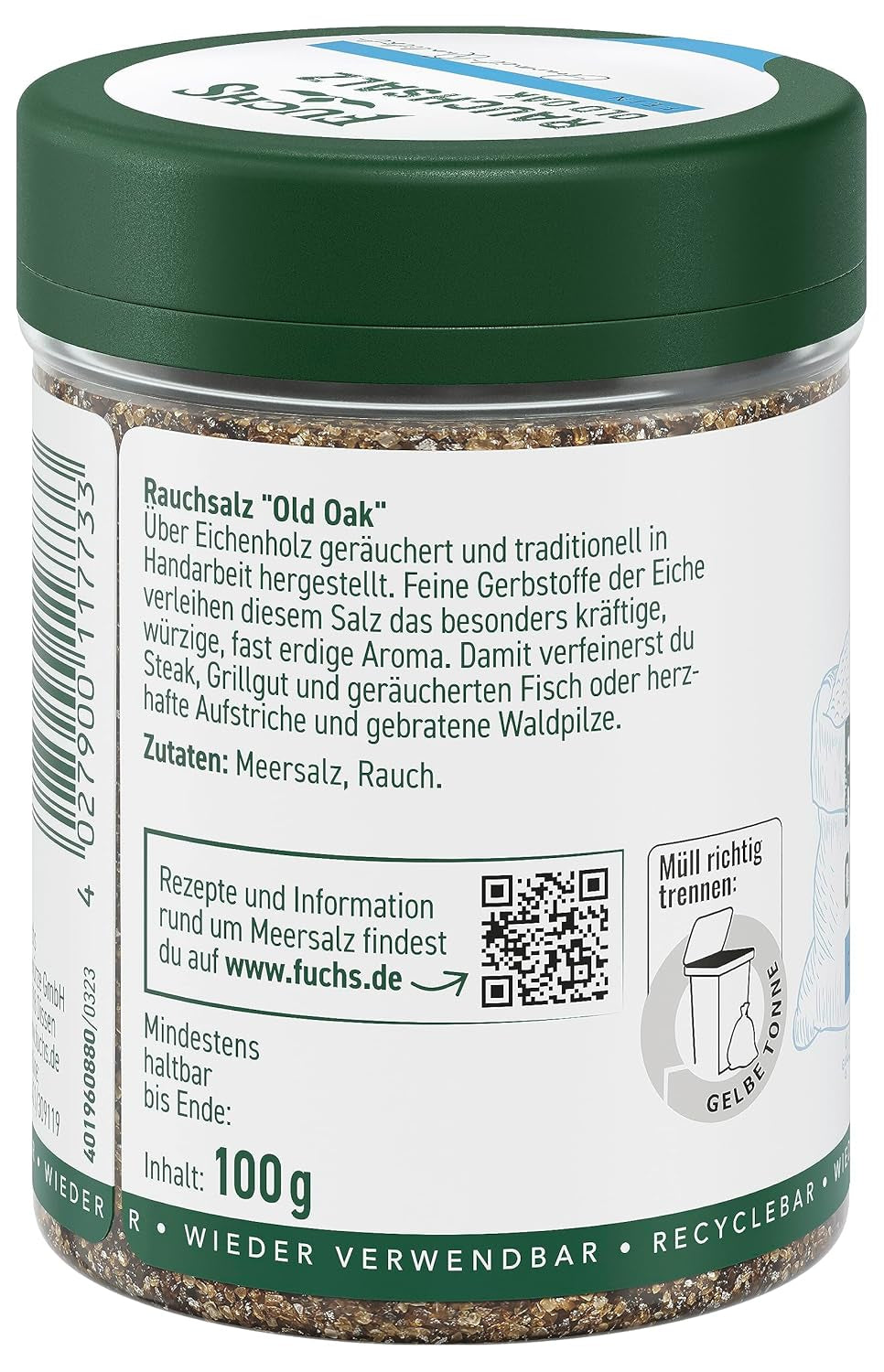 Fuchs Gewürze - Rauchsalz "Old Oak" - über Eichenholz geräuchert, rauchiger Gesmack für Grillfleisch oder Fisch - natürliche Ingrediens - 100 g i wiederverwendbarer, genbrugsbarer Dosis