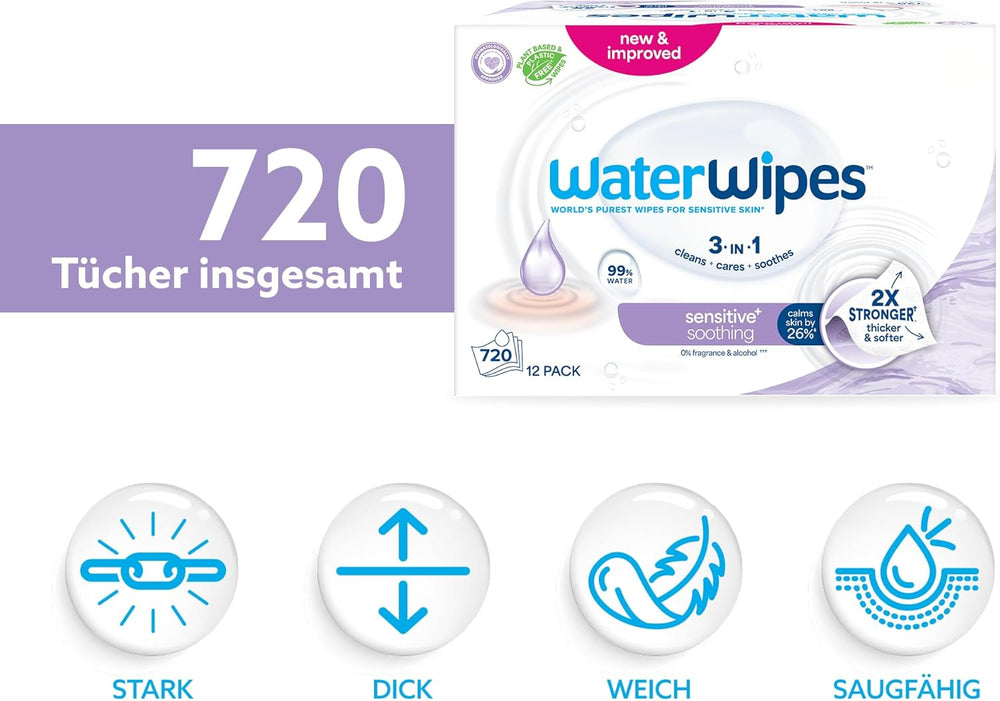 WaterWipes Sensitive+ Soothing Clean Wet Wipes, 720 Count (12 Pack), 3-i-1 rensning, pleje og beroligende, 99 % vand med planteekstrakt, parfumefri babyvådservietter