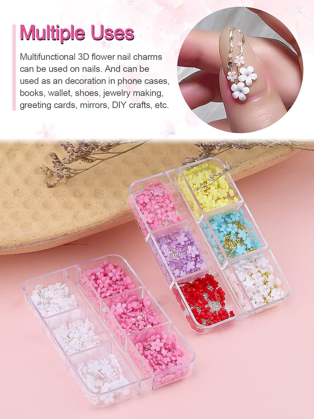 Kalolary Flori Nail Art Talismani, Flori Acrilice 3D pentru Unghii Ornamente Florale cu Cinci Petale Pietre Prețioase pentru Unghii Strasuri pentru Unghii Mărgele Metalice Mixte pentru Design Nail Art DIY Confecționarea Bijuteriilor (2 Cutii)