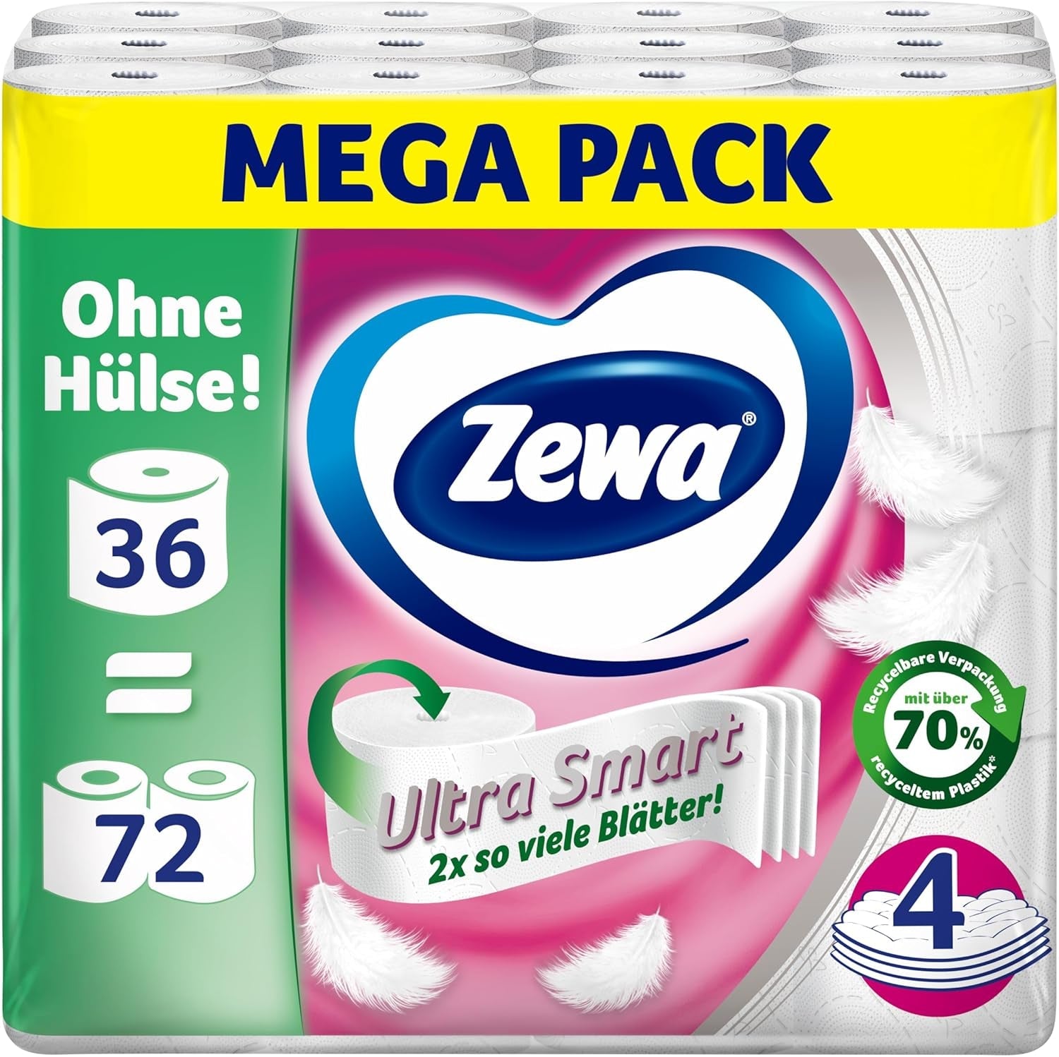 Pachet vrac de hârtie igienică Zewa Ultra Smart, 36 de role a 280 de foi, rolă gigant, 4 straturi, de culoare deschisă
