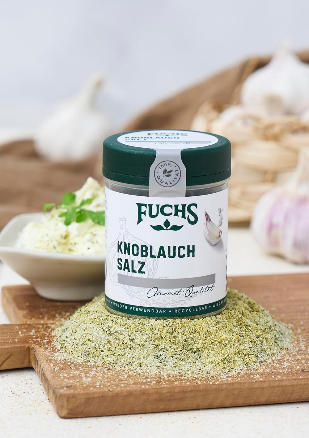 Fuchs Gewürze - Knoblauchsalz - Gewürzsalz für Dips, Saucen og Gemüse - naturlige ingredienser - 90 g i wiederverwendbarer, genbrugsbarer Dosis
