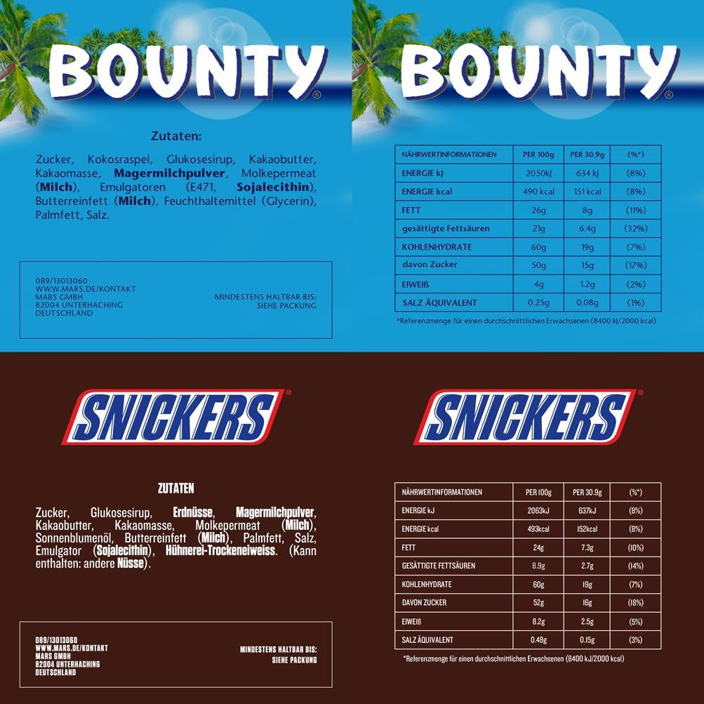 Blanding af miniaturer, Mars, Snickers, Bounty & Twix, Klassiske barer i miniformat, 296 barer, 3 kg chokolade slik Naty Shop