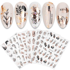 JMEOWIO Nagelsticker Rose Gold Schwarze Blume 12 Blatt Nail Art Sticker Selbstklebend Nagelaufkleber Frühlings Linie Abstraktes Blatt Dekoration Nageldesign Zubehör