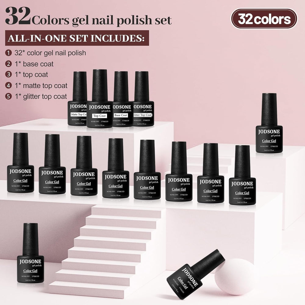 JODSONE 36-Teiliges Gel-Nagellack-Set, 32 Farben, Gel-Nagellack-Set, Basislack, Glänzend, Matt Und Glitzernder Decklack, Nagellack-Set, Grün, Blau, Rot, Rosa, Kollektion, Geschenke Für Frauen
