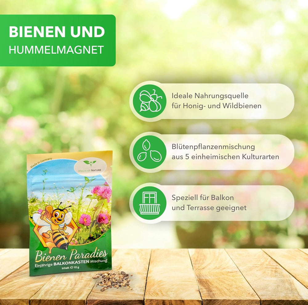 Magic of Nature Balcony Box Mix - 10 g frø - Bivenlige planter - Nem at bruge - Bee Paradise - 5 indfødte dyrkede arter - Velegnet til blomsterkasser og plantekasser