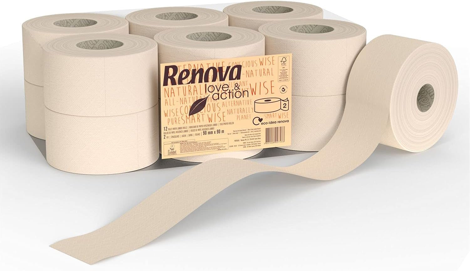 Hârtie igienică Renova Jumbo Love&Action, 12 role premium, 90 M, hârtie kraft, 2 straturi, certificată FSC & Ecolabel