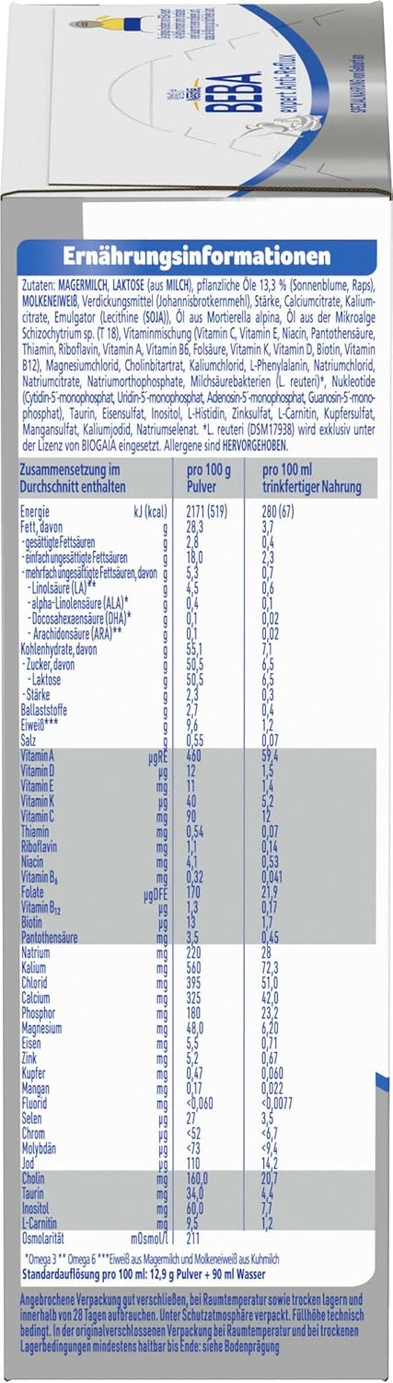BEBA ekspert Anti-Reflux - AR Speciel formel fra fødslen, til øget bøvsen og opkastning, babymad, babymælkpulver, 1 pakke (1 x 500g)