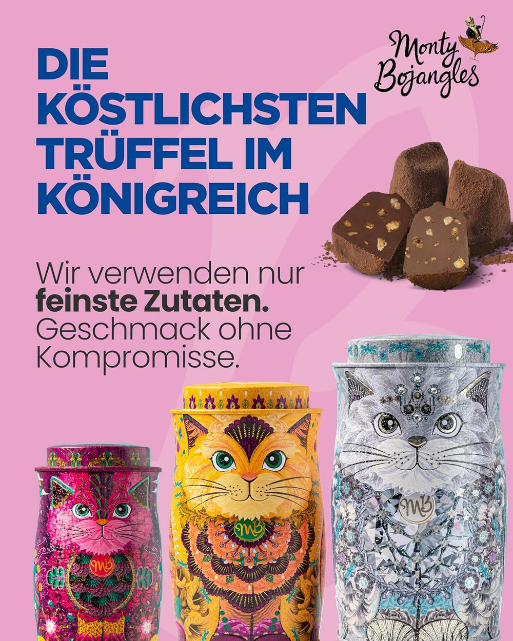 Monty Bojangles Savanna Gold Chokoladetrøfler (135 g) Kakaopulverpralingavesæt i en individuel kattedesign-samleræske Flutter Scotch-smag