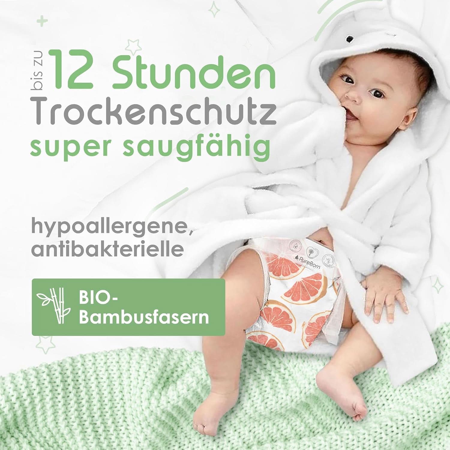 Pureborn Eco økologiske bambusbleer, størrelse 2 (3-6 kg) Mor og barn Naty Shop