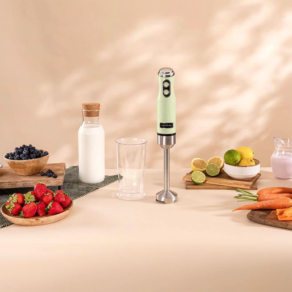 Cecotec Stabmixer Power Retrogreen 1200MAX Cream&Crush, Maximalleistung 1200 W, Crossblades-teknologi, 2 hastigheder, Zubehörset Spülmaschinenfest, Spritzschutzhaube Kitchen Naty Shop