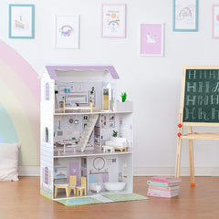 Teamson Kids Casa de păpuși gigantică Olivia's Little World cu 16 accesorii pentru păpuși, casă de păpuși din lemn cu mobilier, cu 3 etaje, casă de păpuși pentru copii de 30 cm, vârste 3+