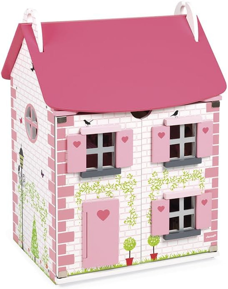 Janod - Casa de păpuși din lemn Mademoiselle, 3 etaje și cu 11 accesorii, replică de jucărie, dezvoltă imaginația, de la 3 ani, J06581, roz Casute de papusi Naty Shop