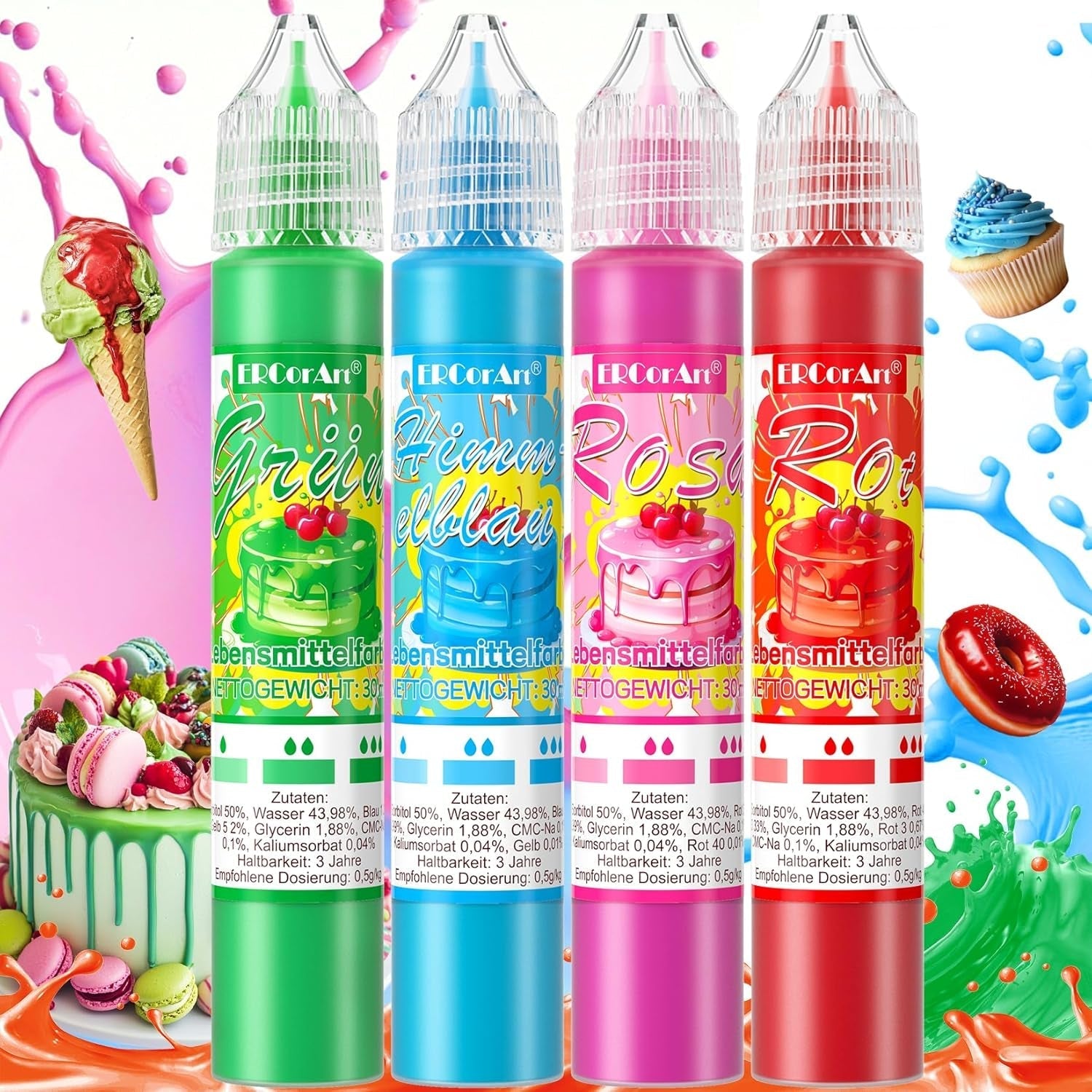 Colorant alimentar liposolubil - Ercorart 10 culori colorant alimentar pe bază de ulei, foarte concentrat, pentru ciocolată, unt de cacao, fudge, prăjitură cu ciocolată, glazură, înghețată etc., 6 ml/bucată