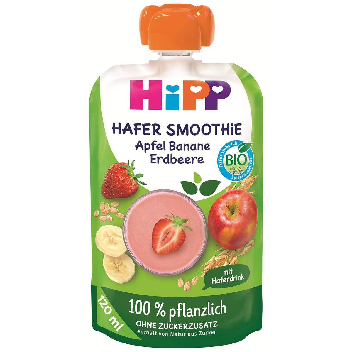 HiPP Bio Quetschie Hafer Smoothie Apfel Banana Erdbeere mit Haferdrink (6 x 120 ml), ab 1 Jahr, 100% pflanzlich, ohne Zuckerzusatz, vegansk, i bedste bio-kvalitet