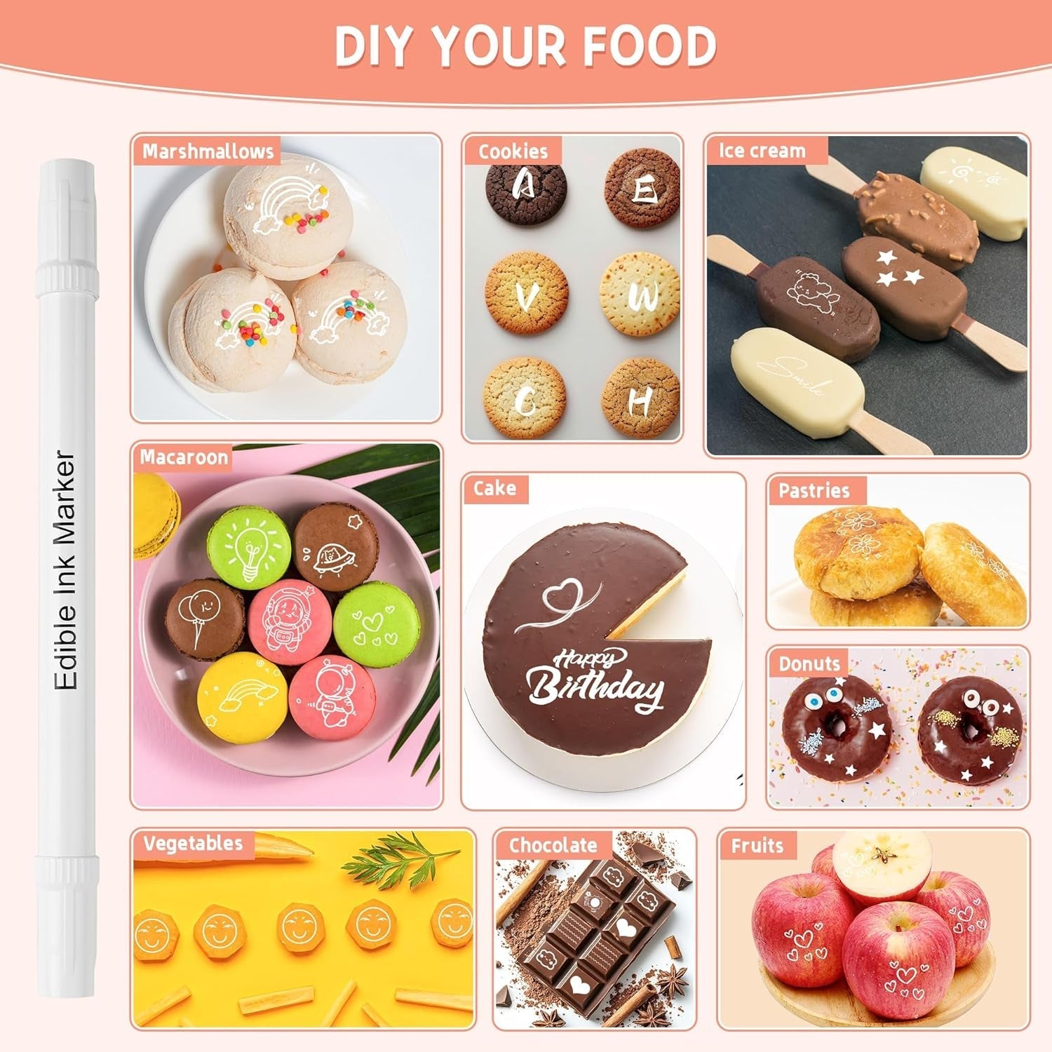 Set de 3 pixuri alimentare comestibile, albe, set de 3 cu vârf dublu, vegane, fără gluten, colorant alimentar fondant, albe pentru pictat și scris pe prăjituri etc.