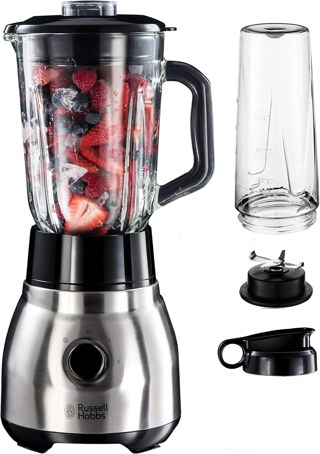 Russell Hobbs Standmixer 2-I-1 [1,5L Glasbehälter Mixer & 0,6L Mini Smoothie Maker -To-Go-Trinkflasche Inkl. Deckel] Spülmaschinenfest, Impuls-/Ice-Crush Funktion, Becher BPA Frei, Edelstahl 23821-56 Kitchen Naty Shop Standmixer 2-I-1