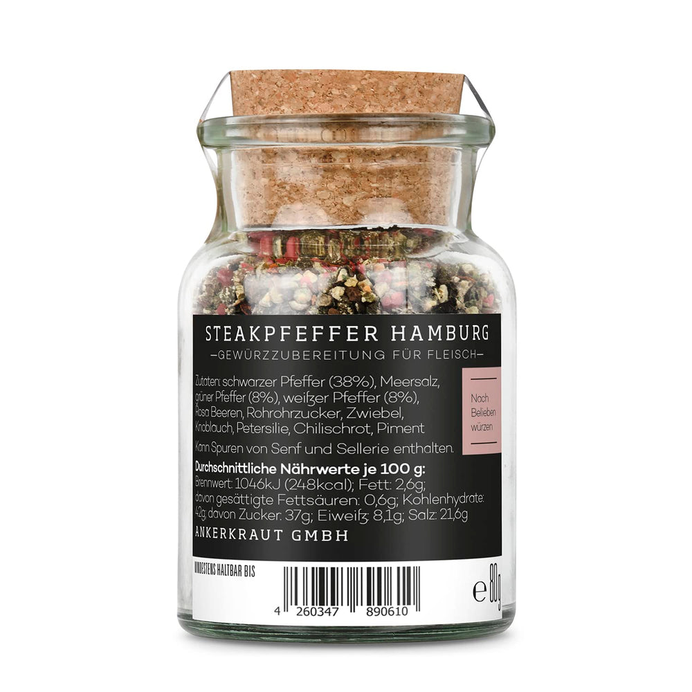Ankerkraut Steakpfeffer Hamburg, Pfefferkörner Hausmischung, grober Steakhouse-Pfeffer, frische Note, Universal Allrounder, Lecker Kochen mit Qualität, 80 g i Korkenglas