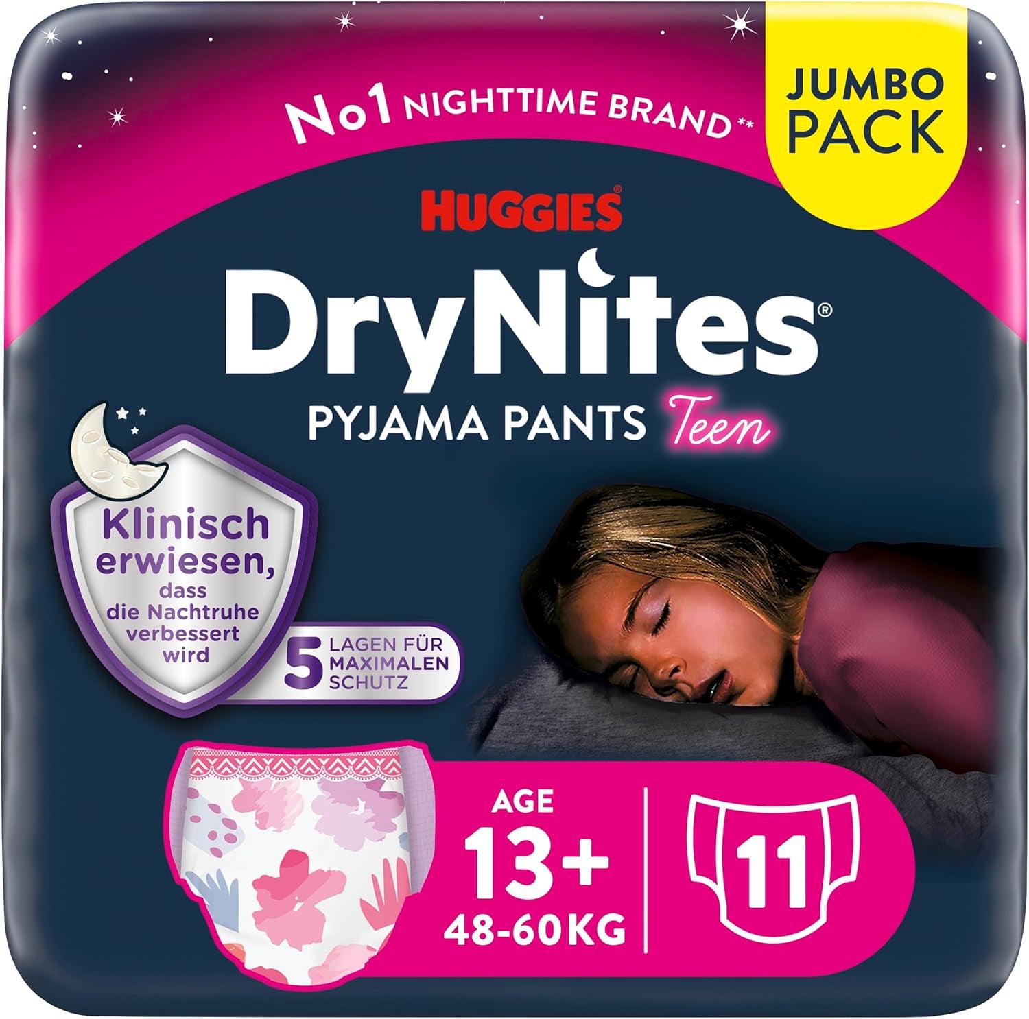 Huggies DryNites nattesengevædningsbleer til piger 13-ca. 17 år (48-60 kg) 33 count (3 x 11) Jumbo månedlig pakke XL blebukser