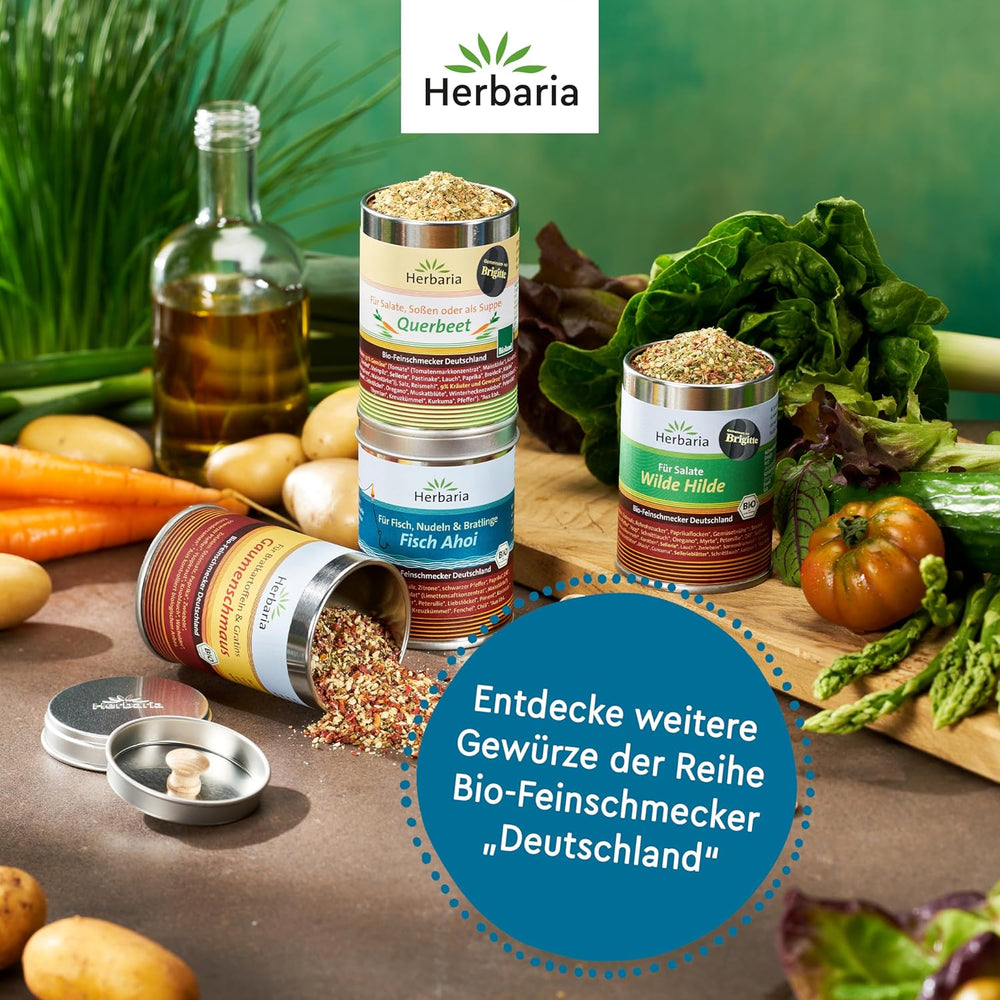 Herbaria Fisch Ahoi bio 85g M-Dosis – Fertiges Bio-Gewürzsalz for Gebratene eller gegrillte Fischgerichte, Meeresfrüchte og Bratlinge – i nachhaltiger Aromaschutz-Dose