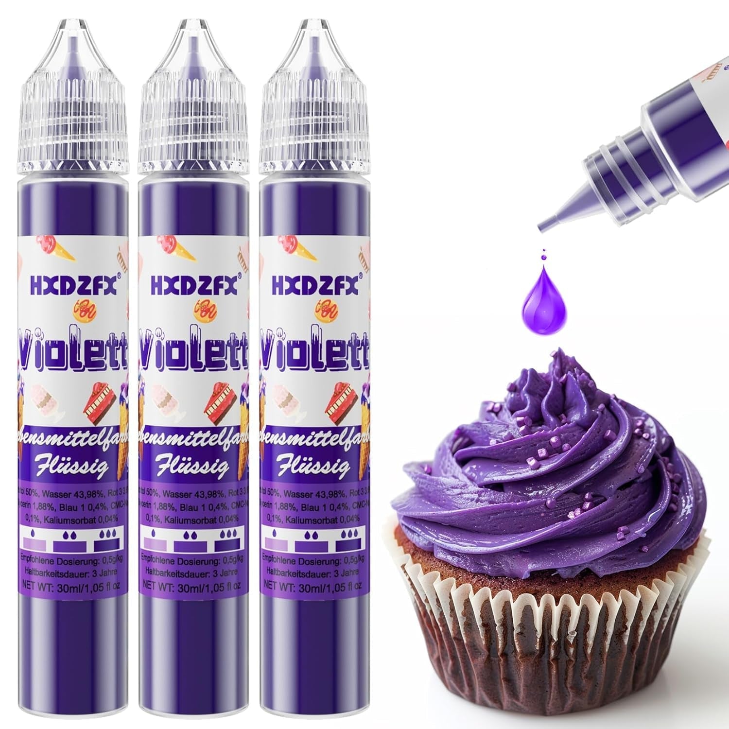 Colorant alimentar - Colorant alimentar lichid, Colorant alimentar foarte concentrat, Coloranți alimentari lichizi pentru copt, Decorare tort, Fursecuri, Macarons, Ouă de Paște, Aluat - 3 × 30ml (Roșu de Crăciun)