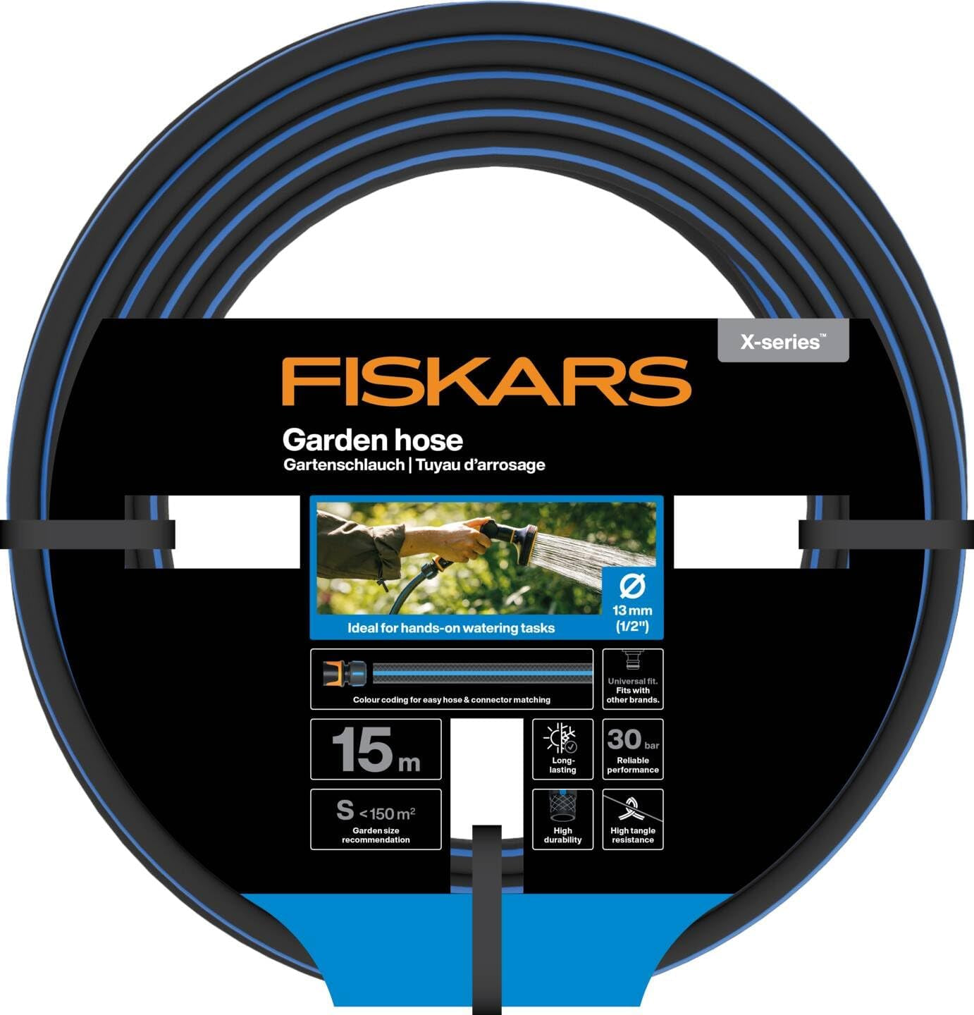 Furtun de grădină Fiskars S, seria X, furtun de apă pentru udare manuală, 13 mm (1/2"), lungime: 15 m, racord universal, protecție UV, protecție la îngheț, rezistent la răsucire, albastru, 1076044