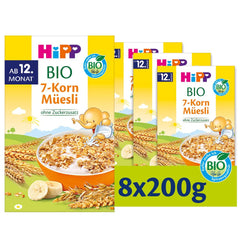 HiPP økologisk müsli med 7 korn (8 x 200g), fra 12 måneder, uden tilsat sukker, ekstra fine stykker - nem at tygge, bedste økologiske kvalitet