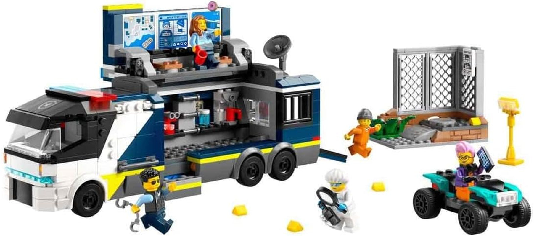 LEGO City politibil med laboratorium, 4 politisæt og legetøjsvogn til børn, gave til drenge og piger fra 7 år og opefter, plus 5 minifigurer - 2 politimænd, 1 videnskabsmand og 2 skurke 60418 byggesæt Beuche den LEGO-Store