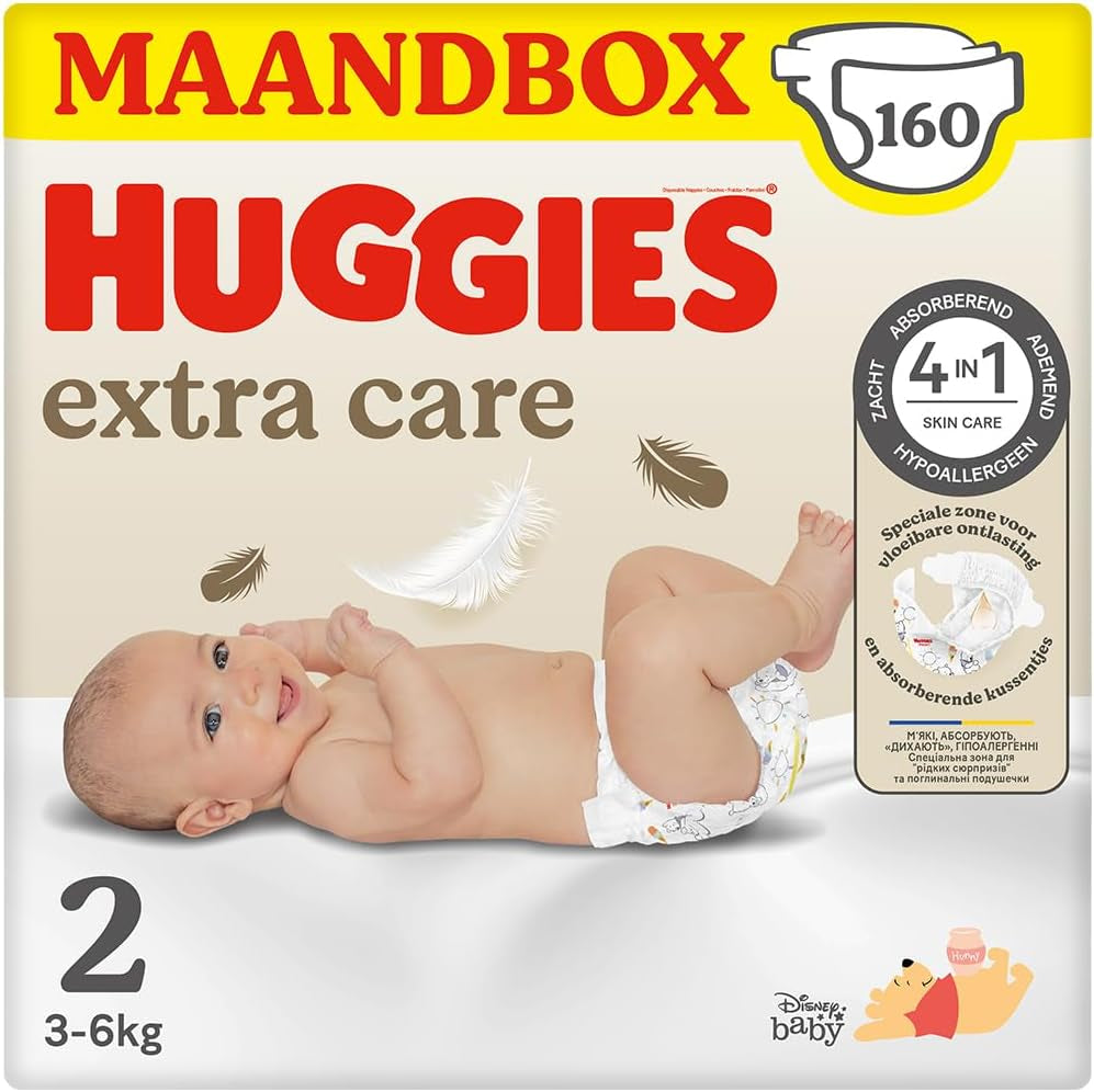 Huggies Extra Care Babybleer, størrelse 2 (3-6 kg), Super Absorbent, Disney Design, Bulk Pack, 160