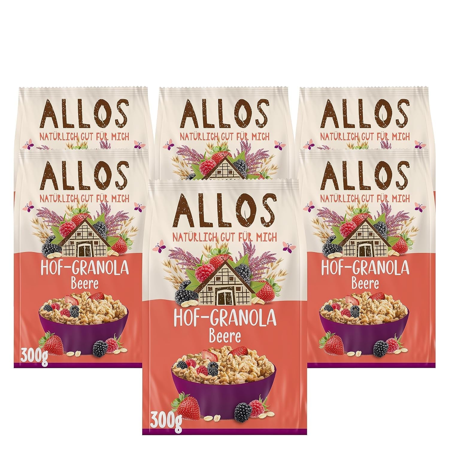 Allos Hof Granola med bær | Økologisk müsli | Müsli med bær | Sprød müsli | Korn til morgenmad | Pakke med 6 (6 x 300 g), 1 stk (pakke med 6)