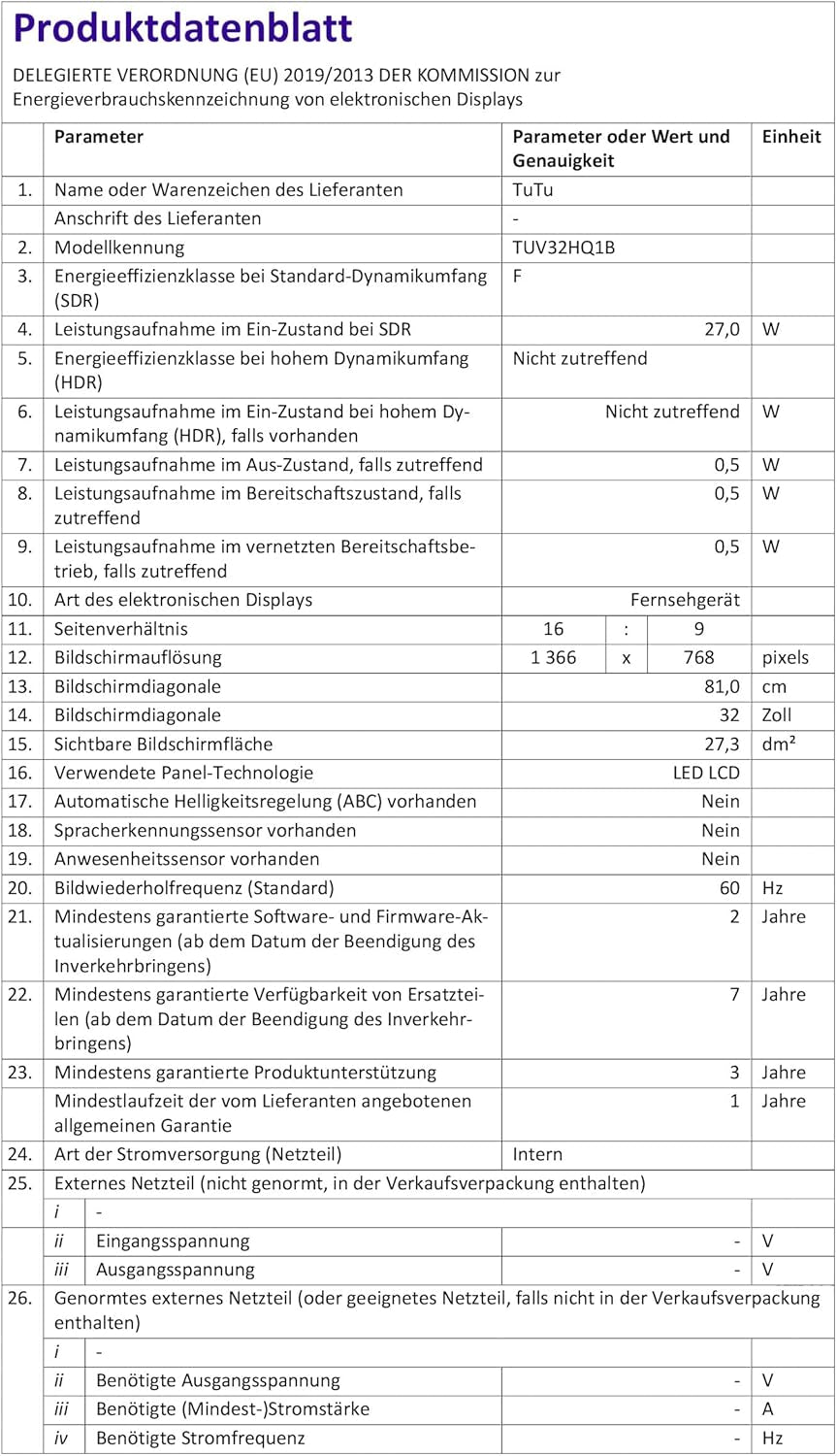 TuTu TUV32HQ1B Smart TV de 32 de inci, televizor LED HD de 80 cm cu Wi-Fi, App Store, tuner triplu (DVB-T/T2, DVB-C, DVB-S/S2), HDMI, USB