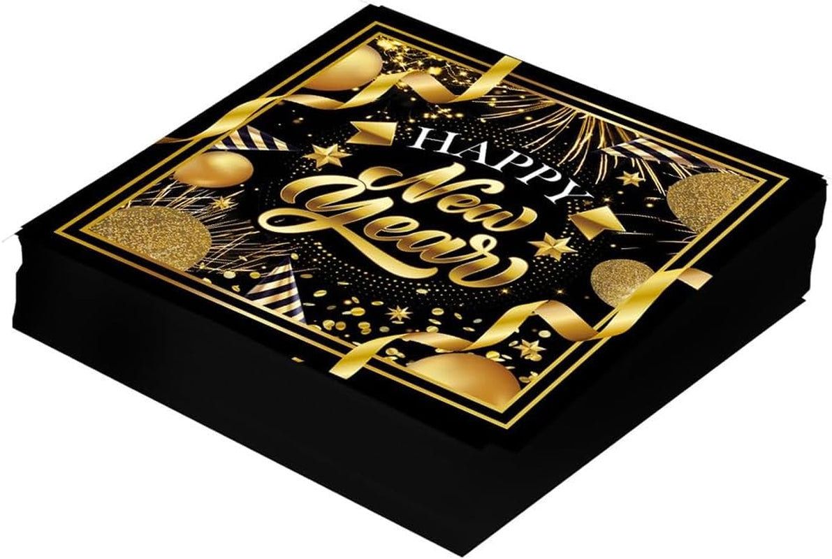 | 20 Șervețele Happy New Year (16X16 Cm) - Decorațiuni de masă pentru petreceri de Revelion - Ideal pentru evenimente și sărbători - Negru și auriu