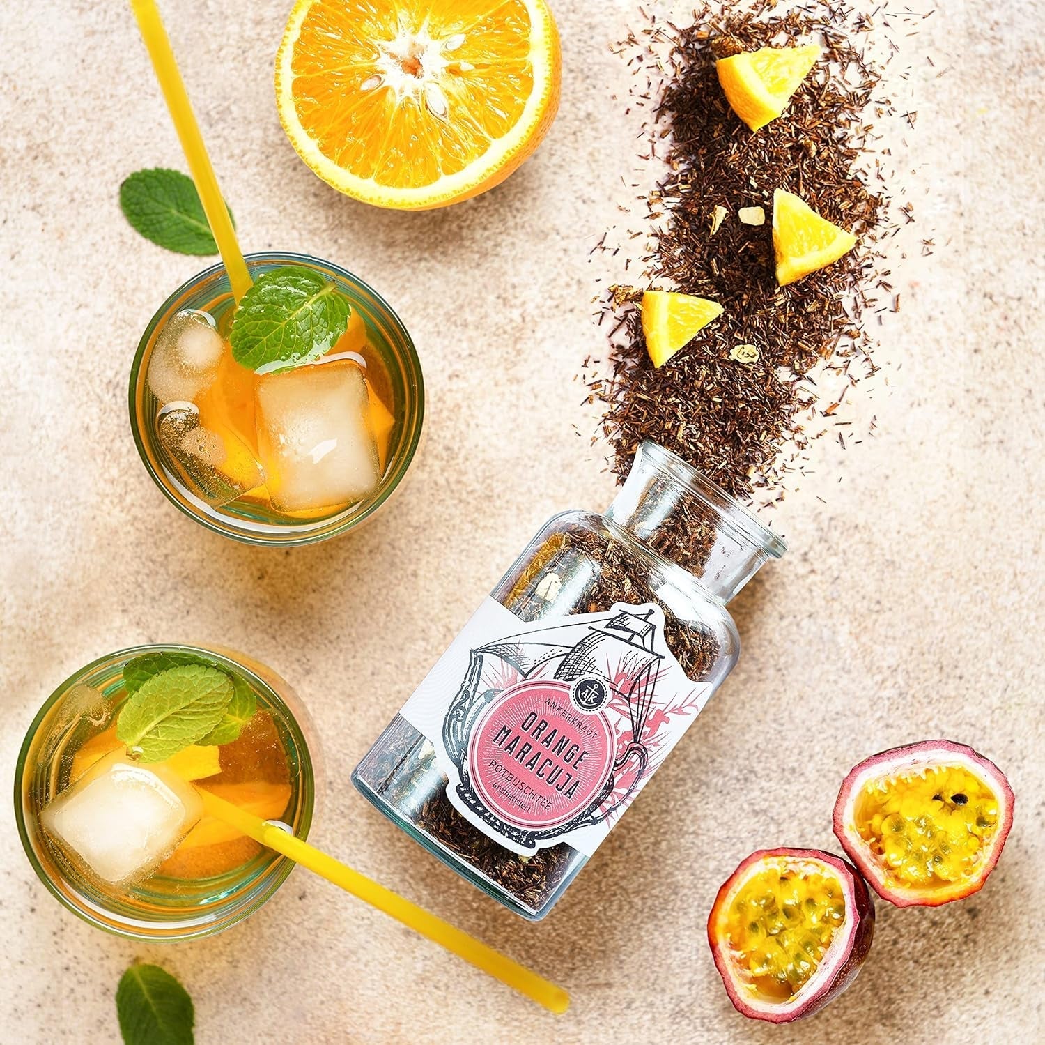 Ankerkraut Ceai roșu de portocale și maracuja, 90 g în borcan de plută, ceai vrac de calitate premium, idee de cadou, băutură pentru bunăstare