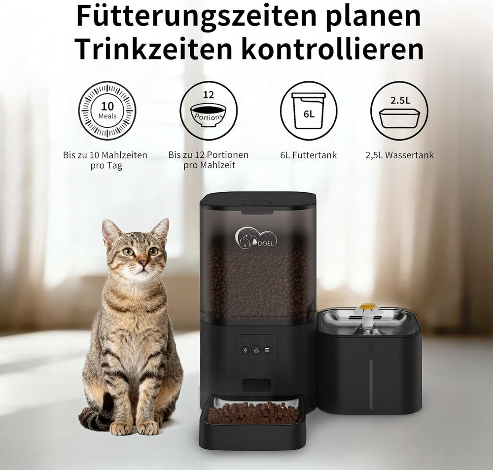 2-i-1-Automatik-Futter- og Wasserspender für Katzen, großvolumiger 6-Liter-Trockenfutterspender + 2,5-Liter-Wasserspender mit App-Steuerung, Sprachauzeichnung, zeitgesteuwerter Fütterung