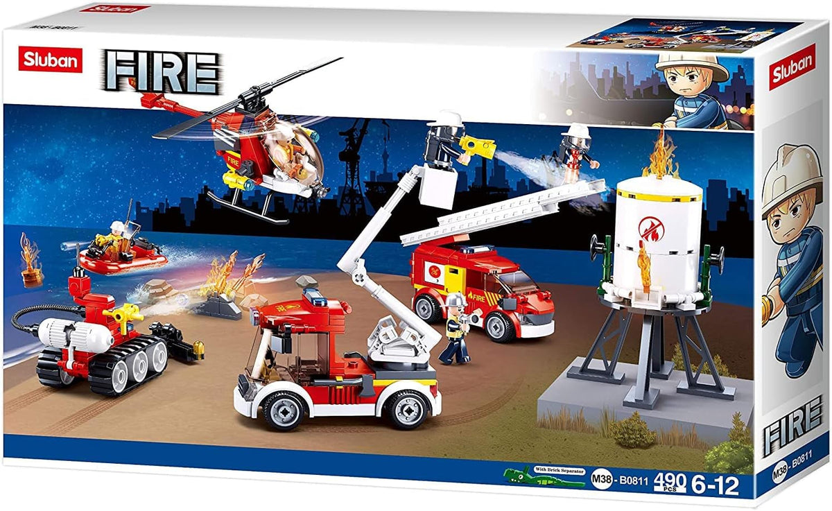 Sluban Klemmbausteine SL95681, Feuerwehrfahrzeuge Set (490 Teile) [M38-B0811], Spielset, Klemmbausteine, Rettungskräfte, mit Spielfigur, Feuerwehr, bunt