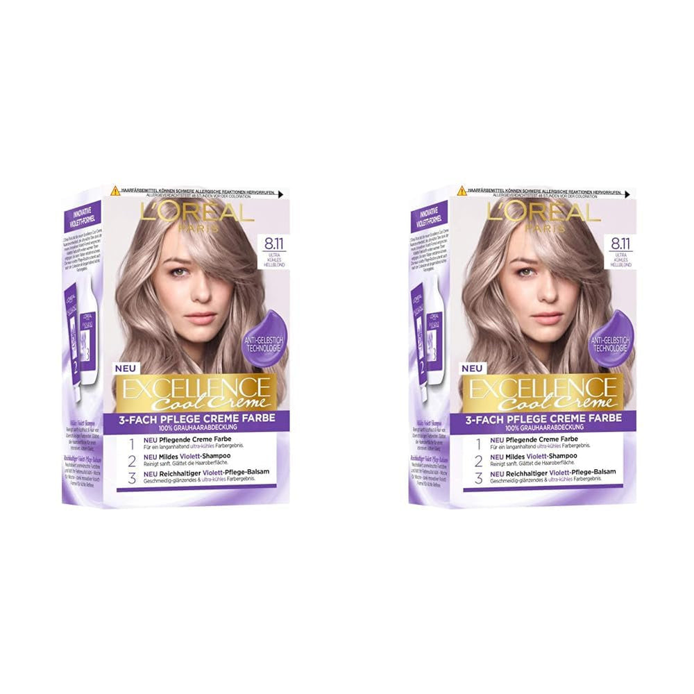 L'Oréal Paris Permanent Hair Colour Colour Result, 100% acoperire păr gri, set cu colorant, șampon și cremă de îngrijire, Excellence Cool Creme, Nr. 8.11 Ultra cool blond deschis (Blond) (pachet de 2) Vopsea pentru par Naty Shop Titlu implicit