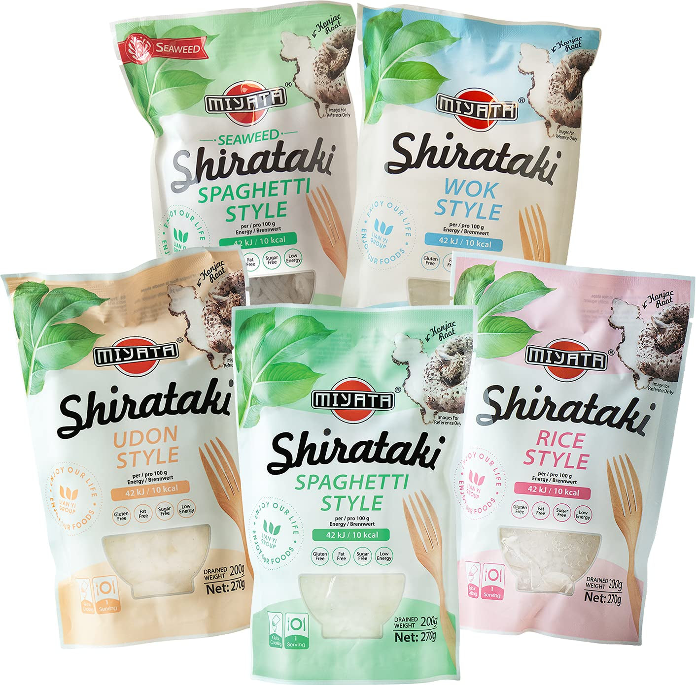Miyata Shirataki blandet æske med 5 forskellige varianter, konjac-melnudler, 5 pakker (5 x 270 g)