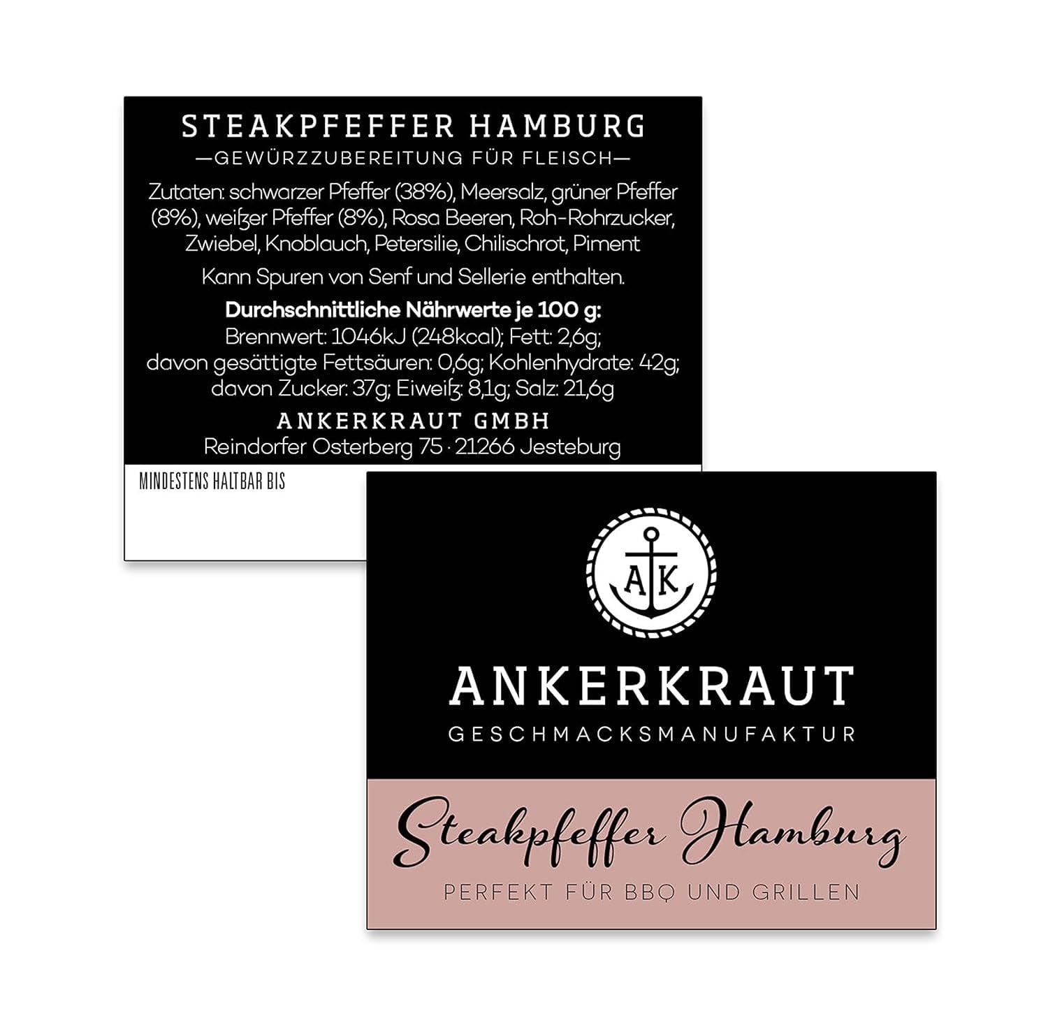 Ankerkraut Steakpfeffer Hamburg, Pfefferkörner Hausmischung, grober Steakhouse-Pfeffer, frische Note, Universal Allrounder, Lecker Kochen mit Qualität, 80 g i Korkenglas