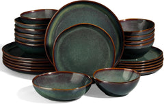 Set de veselă pentru 6 persoane, set de servire din gresie ceramică cu 24 de piese, set de veselă rotund neregulat cu farfurii, farfurii de desert, boluri pentru cereale, potrivit pentru cuptorul cu microunde și mașina de spălat vase, verde tundra reactiv