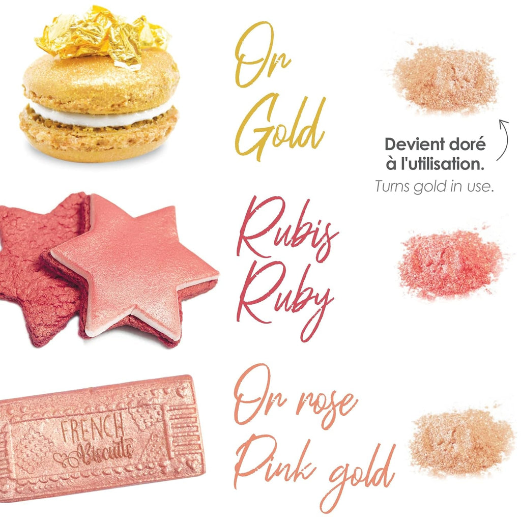 Scrapcooking - Set de 3 coloranți alimentari metalici - Colorant alimentar: auriu, auriu roz și rubin - Colorant alimentar comestibil pentru copt, prăjituri, fursecuri, torturi, ciocolată - 4019