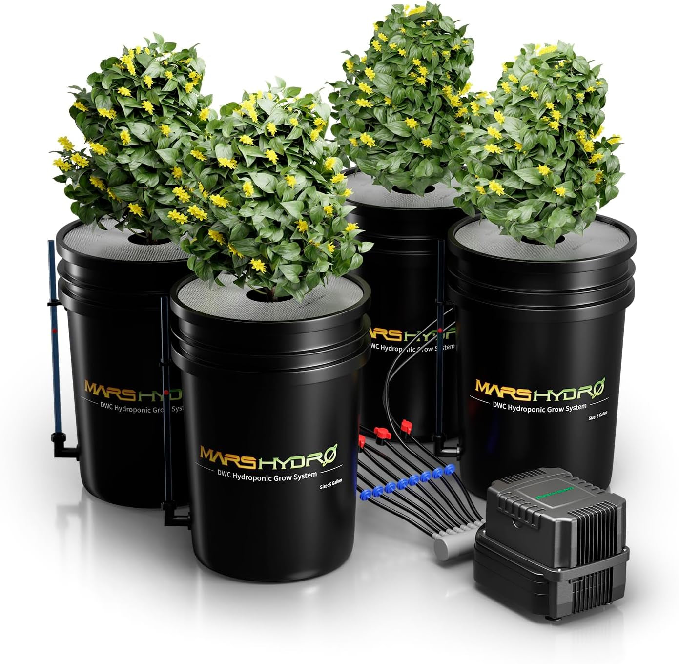 Mars Hydro DWC Hydroponic Grow System, 5 gallon Deep Water Grow, 8W luftpumpe, multifunktionsluftslange, luftsten, 2 spande og dryppottesæt