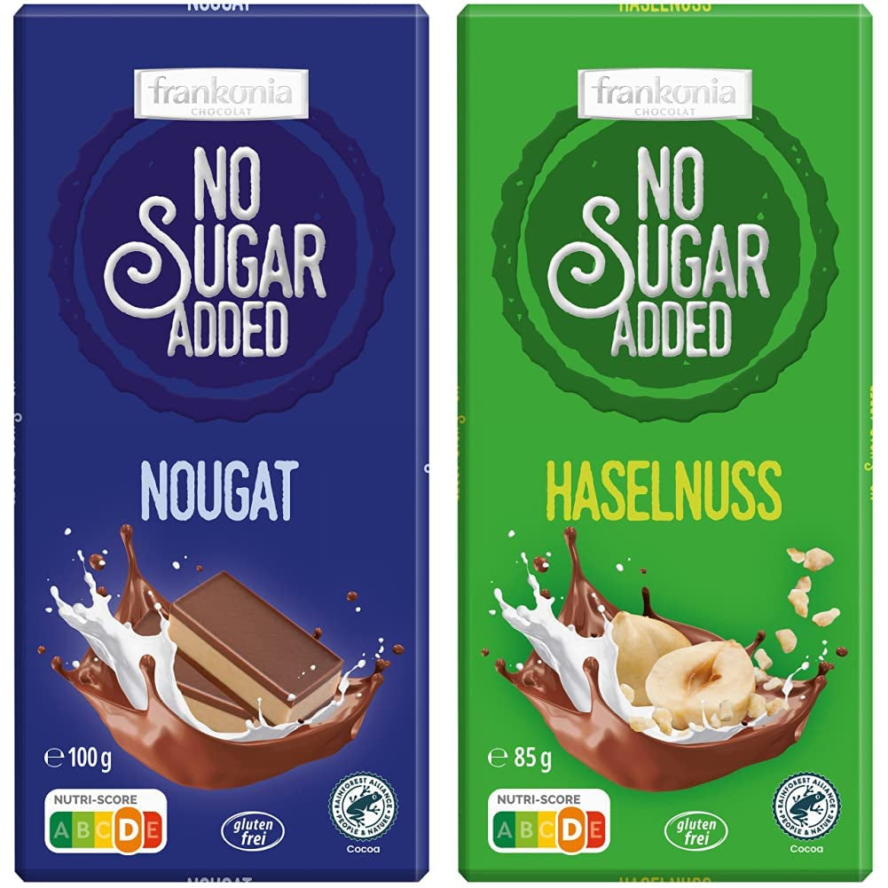 Chokolade med nougat, uden tilsat sukker, glutenfri, 100g og chokolade med hasselnødder, uden tilsat sukker, glutenfri, 85g
