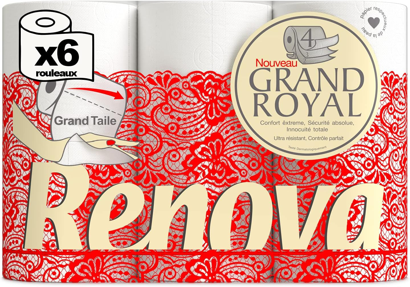 Hârtie igienică Renova Renova Grand Royal 4 straturi - 6 role, Large (pachet de 5)