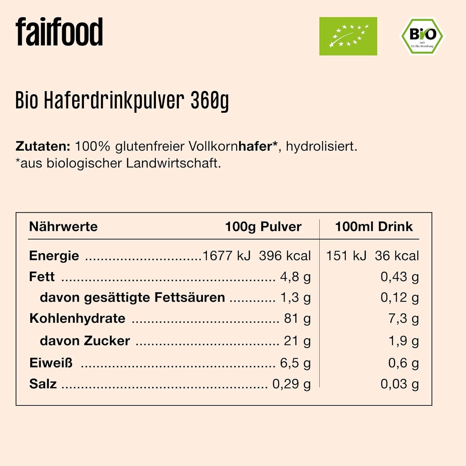 fairfood Bio Haferdrink Pulver 360g - nachhaltige Milchalternative - vegansk, glutenfri og ohne Öl - bis zu 4L Haferdrink - zum Selbermischen - 100% Bio-Vollkornhafer