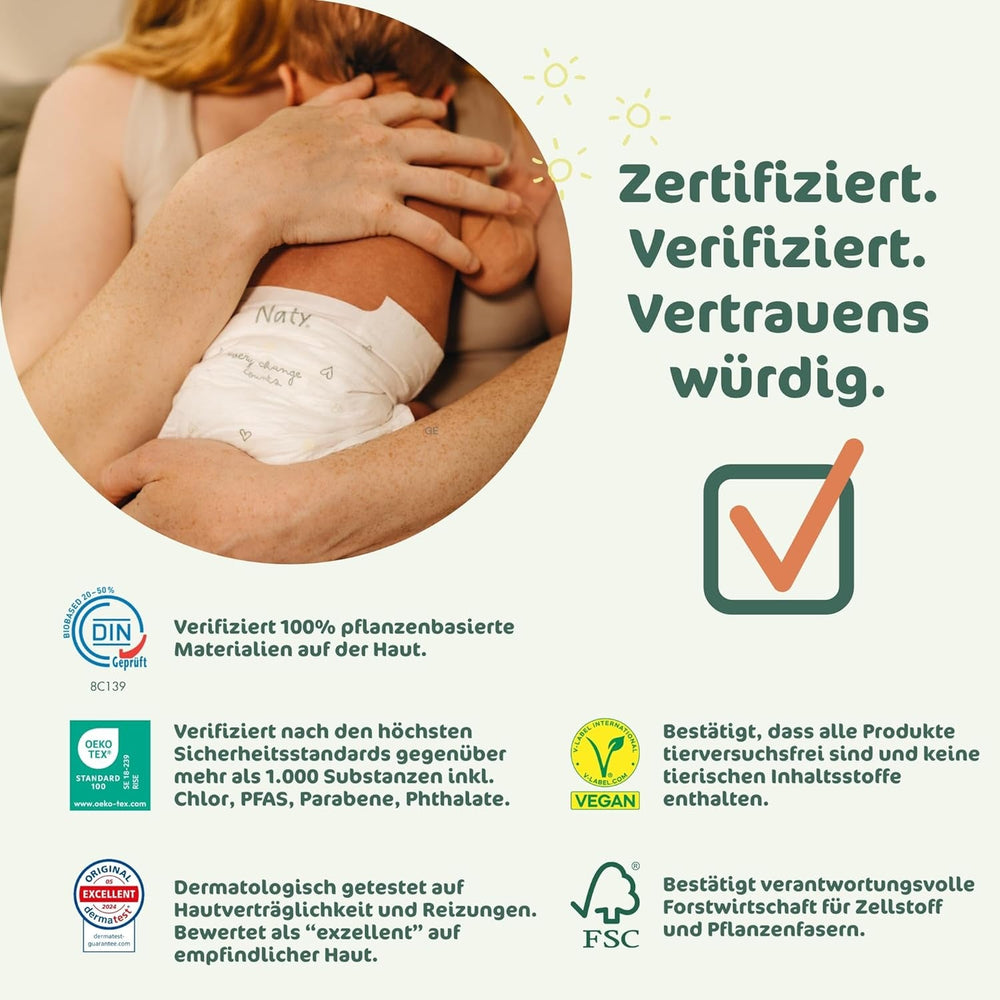 Scutece pentru bebeluși Naty BioEmbrace, mărimea 3 (4–9 kg) | 100% materiale pe bază de plante, delicate cu pielea | Moliciune respirabilă, testate dermatologic, absorbție excelentă | 100 buc.