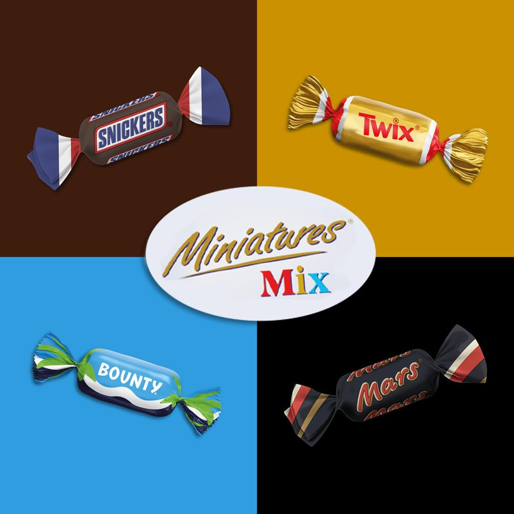 Blanding af miniaturer, Mars, Snickers, Bounty & Twix, Klassiske barer i miniformat, 296 barer, 3 kg chokolade slik Naty Shop
