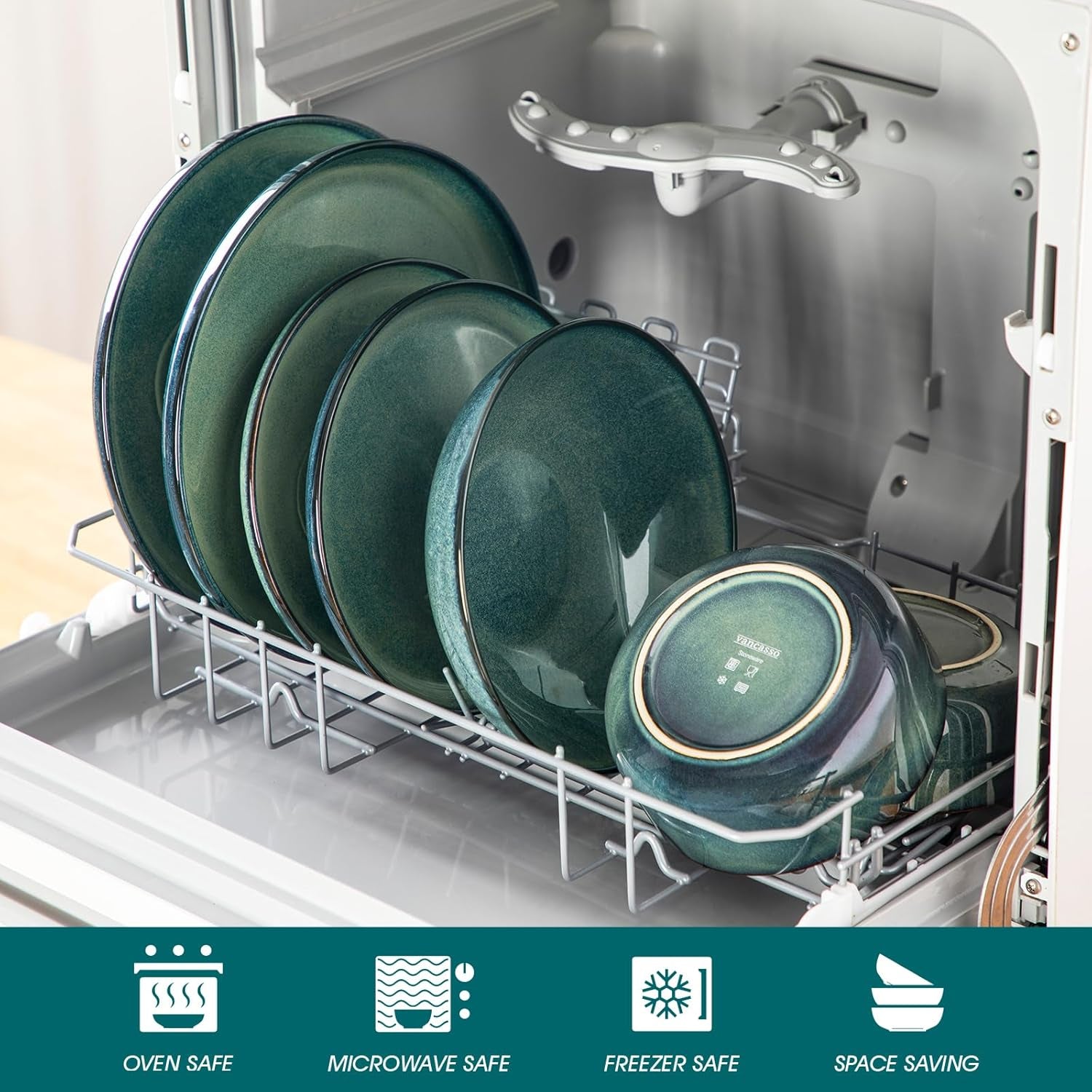 Set de veselă modern pentru 6 persoane, set de veselă din gresie Vancasso STARRY cu 24 de piese, set combinat verde, serviciu de cină pentru 6 persoane, inclusiv farfurii de cină, farfurii de desert, farfurii de supă și boluri pentru cereale